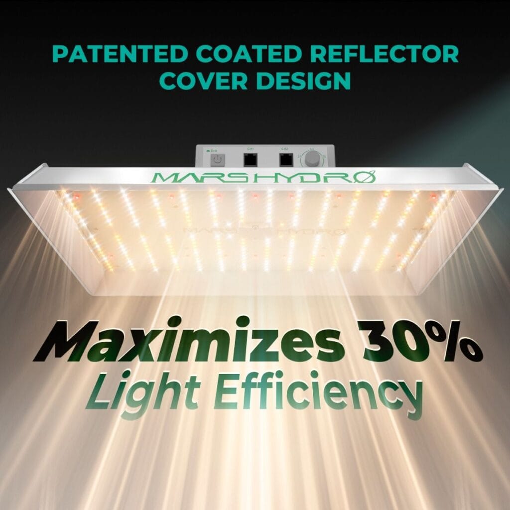 Top view of the Mars Hydro TS 1000 LED Grow Light, demonstrating its 3x3 feet coverage area for vegetative growth in a grow tent.