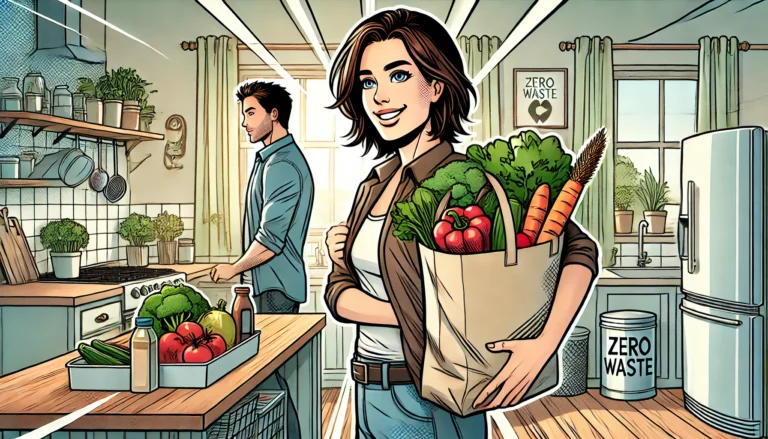 Illustration of a person holding a reusable shopping bag filled with fresh produce, standing in a bright, eco-friendly environment with a compost bin and reusable containers in the background, symbolizing a zero waste lifestyle.