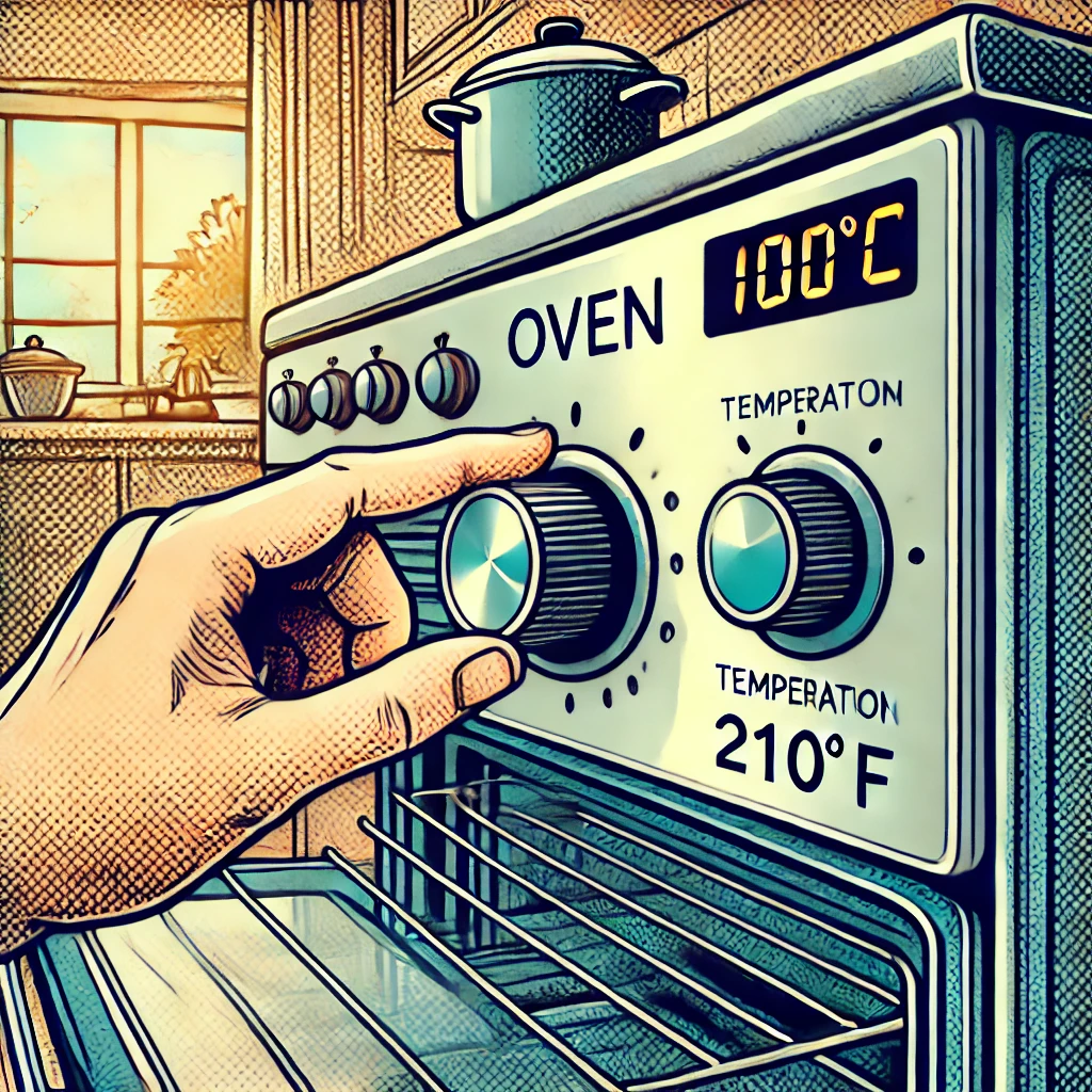 Comic-style illustration of an oven being preheated to 100°C, with a hand adjusting the temperature knob in a cozy kitchen.