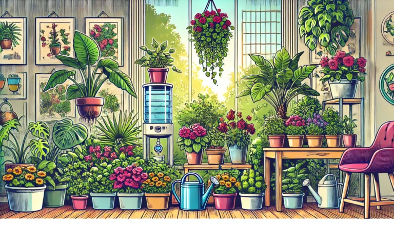 A comic-style illustration of a vibrant indoor garden with a variety of lush, healthy plants in self-watering containers, including colorful flowers and diverse green foliage, bathed in soft natural light from a window.