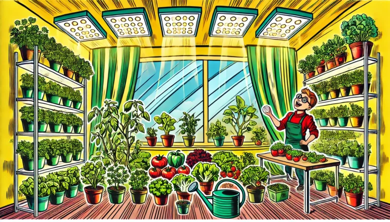 Comic-style illustration of a vibrant indoor vegetable garden with various plants growing in pots and on vertical shelves, lit by LED grow lights, and a gardener happily tending to the plants in a cozy indoor space.