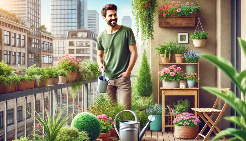 An urban gardener happily tending to a balcony garden filled with lush green plants and colorful flowers, holding a small watering can, styled in a realistic way.