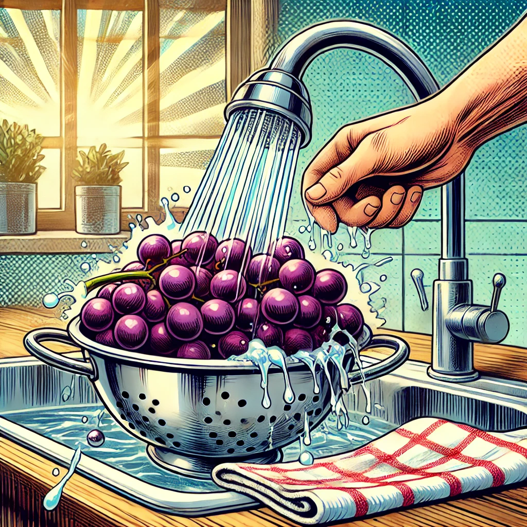 Comic-style illustration of fresh grapes being washed under a faucet and dried with a towel on a bright kitchen counter.