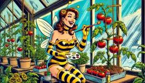 A gardener hand-pollinating indoor vegetable plants using a small brush to ensure successful fruiting.