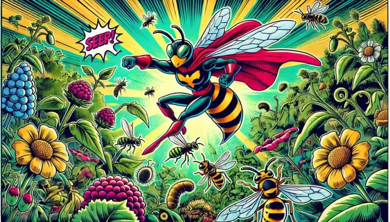 A comical wasp in a superhero costume, flying through a garden with a cape and mask, fending off pests like aphids and caterpillars while plants thrive in the background.