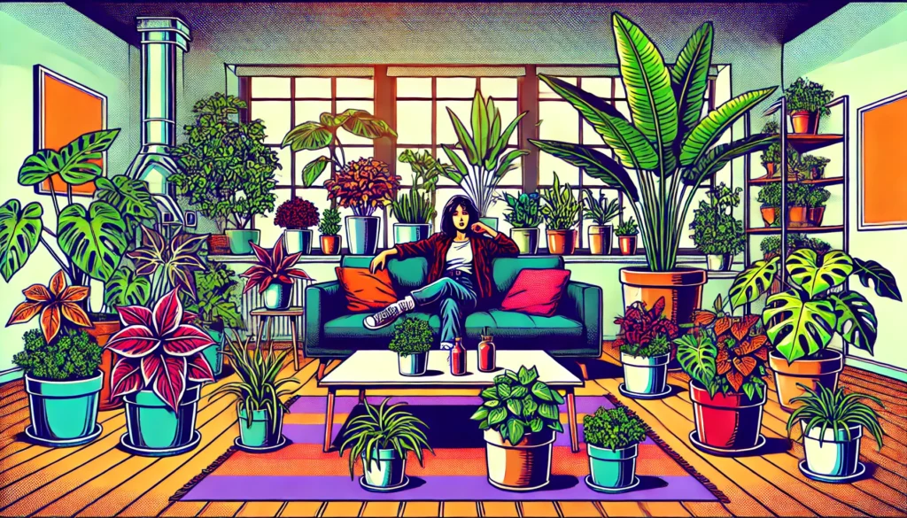 Various indoor plants including Snake Plant, Peace Lily, and Spider Plant arranged in a home setting