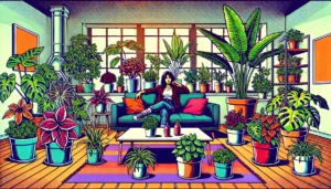 Various indoor plants including Snake Plant, Peace Lily, and Spider Plant arranged in a home setting
