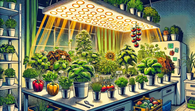 An indoor garden with a variety of plants, including leafy greens, tomatoes, peppers, and root vegetables, thriving under LED grow lights on a clean, organized shelf.