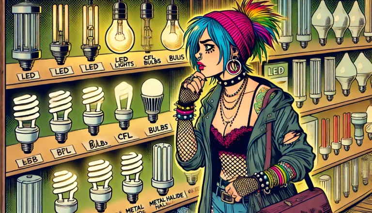 A comic-style image of a modern alternative woman standing in front of a shelf with various types of light bulbs, including LED, CFL, and traditional bulbs, as she considers her lighting options.