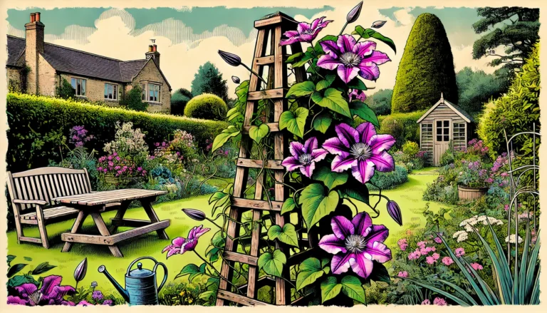 A detailed image of a clematis plant climbing a wooden obelisk, set in a picturesque British country garden with vibrant greenery.