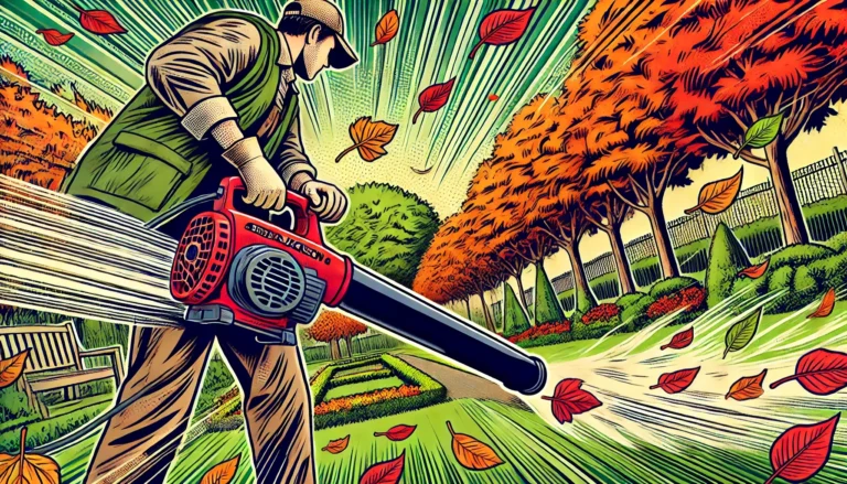 Person using Spear & Jackson cordless leaf blower to clear autumn leaves in a vibrant garden