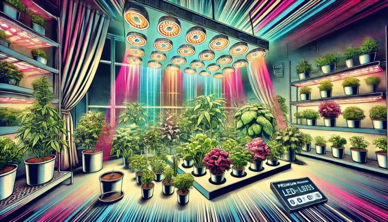 Modern indoor garden with premium LED grow lights and high-tech tools, showcasing vibrant plants thriving under full-spectrum lighting