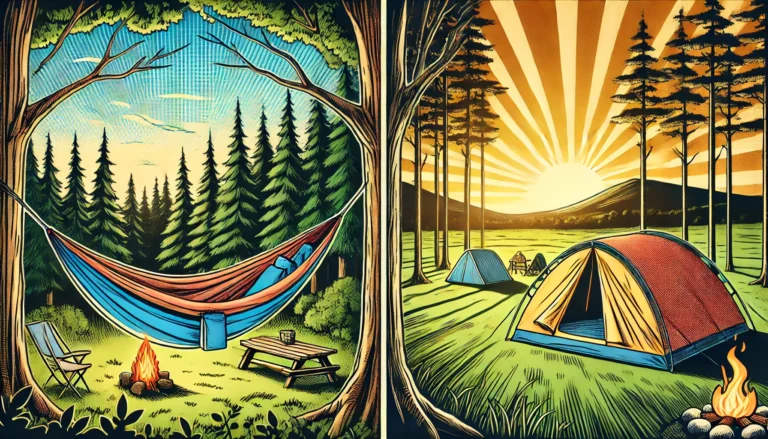 A split-screen image comparing hammock camping and tent camping: a hammock tent suspended between trees in a forest on the left and a traditional dome tent pitched in a grassy meadow with mountains in the background on the right.