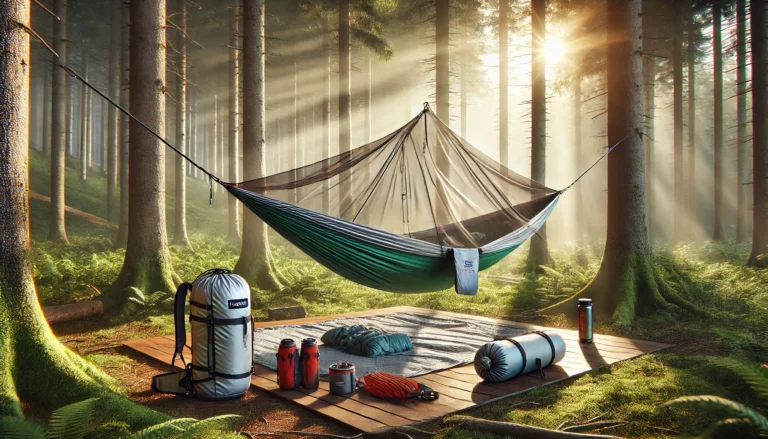 A camping hammock setup in a forest featuring essential accessories like an underquilt, rainfly, bug net, and gear sling, with dry bags and a pillow neatly arranged for a comfortable and organized camping experience.