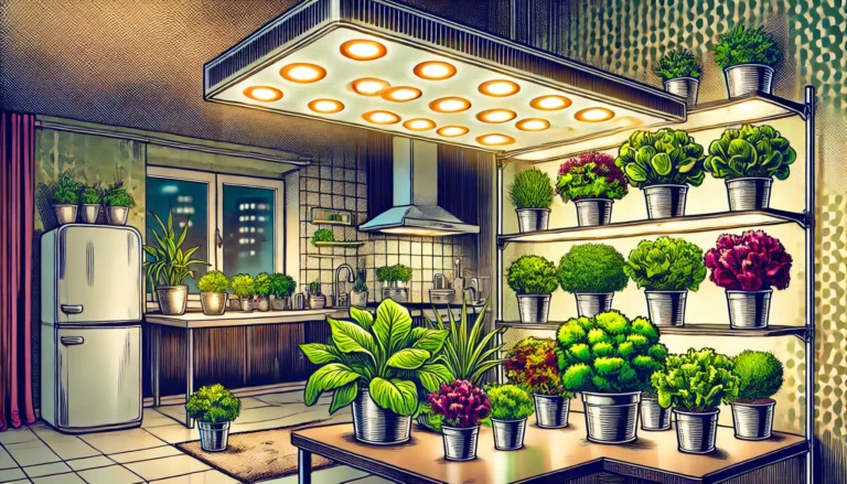 A cozy indoor gardening setup in a modern apartment with vibrant lettuce, herbs, and flowering plants growing under sleek, energy-efficient LED grow lights. Reflective surfaces and minimalistic decor emphasize light efficiency and an inviting atmosphere