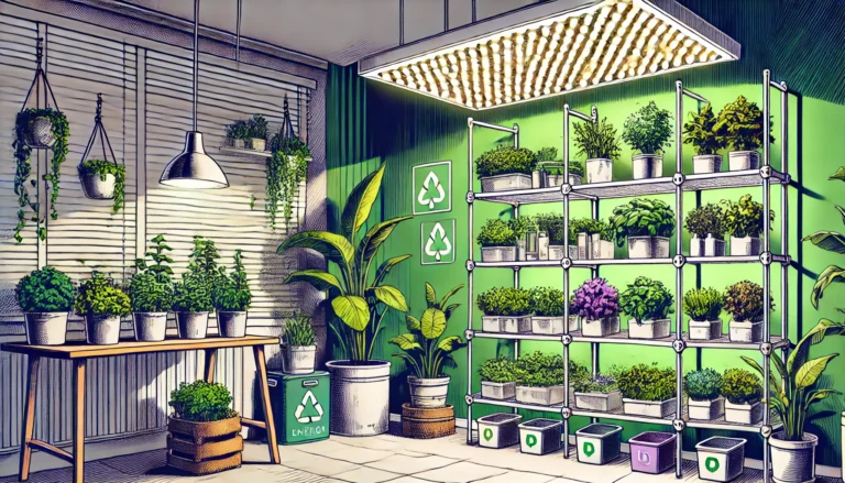 A modern indoor garden featuring vibrant green plants on shelves under LED grow lights, emitting a soft white and purple glow, with eco-friendly accents in a minimalistic setting.