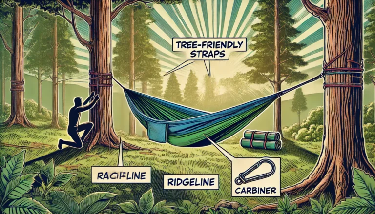 A hammock tent partially set up between two sturdy trees in a lush forest, showing tree-friendly straps, carabiners, and a ridgeline with a rainfly draped over it. Soft morning light filters through the trees, highlighting the setup process for an outdoor camping tutorial.