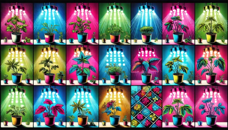 A grid of potted plants showcasing different growth stages—seedlings, leafy plants, and flowering plants—illuminated by vibrant LED grow lights in bold neon colors.