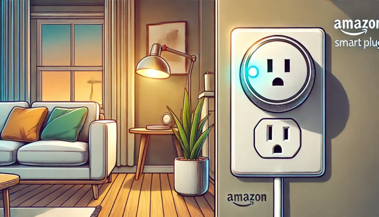 An Amazon Smart Plug connected to a sleek white wall outlet in a cozy home environment, featuring warm lighting and modern decor elements.