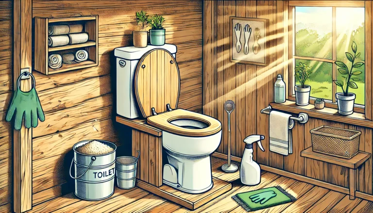 A modern composting toilet with a wooden frame and white seat, set in a tidy, rustic bathroom with wooden walls, a bucket of sawdust, cleaning gloves, and soft sunlight streaming through a window.