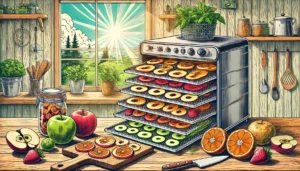 A homemade food dehydrator with trays of colorful fruits and herbs, set on a rustic kitchen counter with natural sunlight