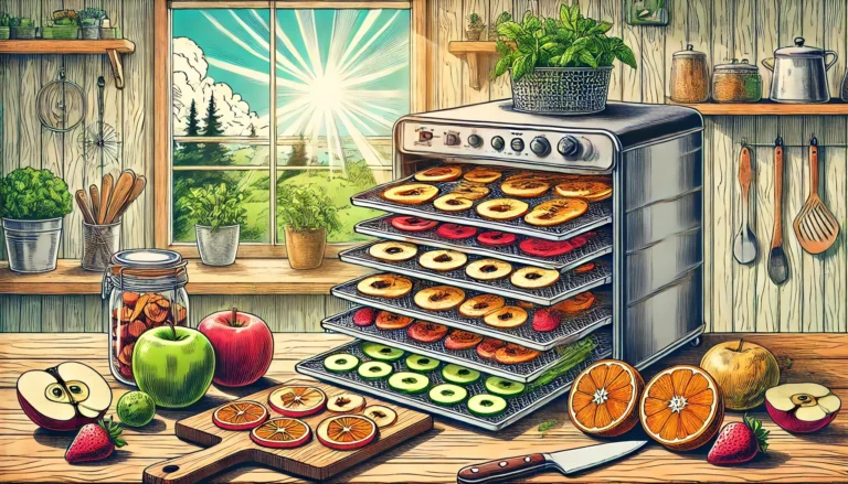 A homemade food dehydrator with trays of colorful fruits and herbs, set on a rustic kitchen counter with natural sunlight