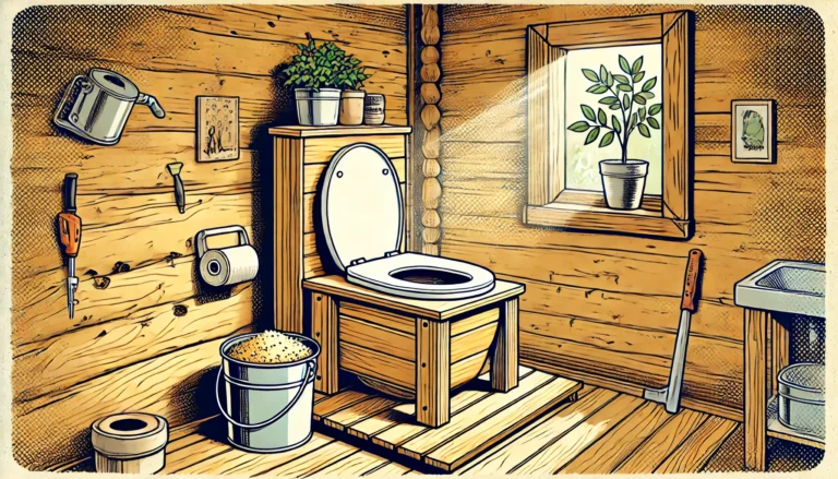 A DIY composting toilet with a wooden frame and white seat, placed in a rustic cabin bathroom with wooden walls, a small potted plant, and a bucket of sawdust nearby, illuminated by soft sunlight filtering through a window.