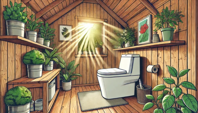 A clean, white composting toilet set in a rustic off-grid cabin bathroom with wooden walls, indoor plants, and sunlight streaming through a small window, creating an eco-friendly and natural atmosphere.