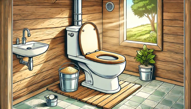 A modern composting toilet with a wooden frame and white seat, placed in a clean, eco-friendly bathroom with a bucket of sawdust, a potted plant, and soft sunlight streaming through a window.