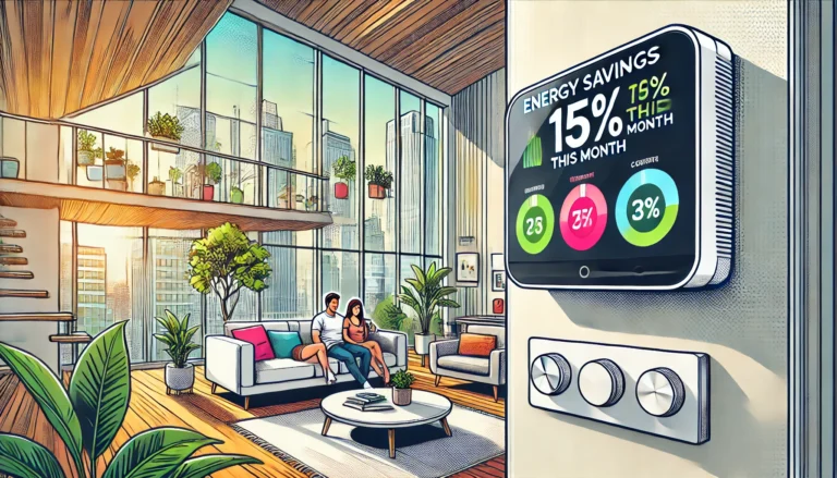 A smart thermostat mounted on a sleek white wall showing energy savings and temperature settings, with a family relaxing in the background of a bright, eco-friendly living room.