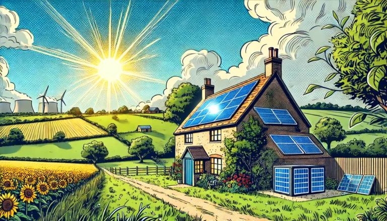 A rural off-grid home in the UK with solar panels on the roof and a solar battery system, surrounded by lush greenery and bathed in sunlight, highlighting sustainable energy solutions.