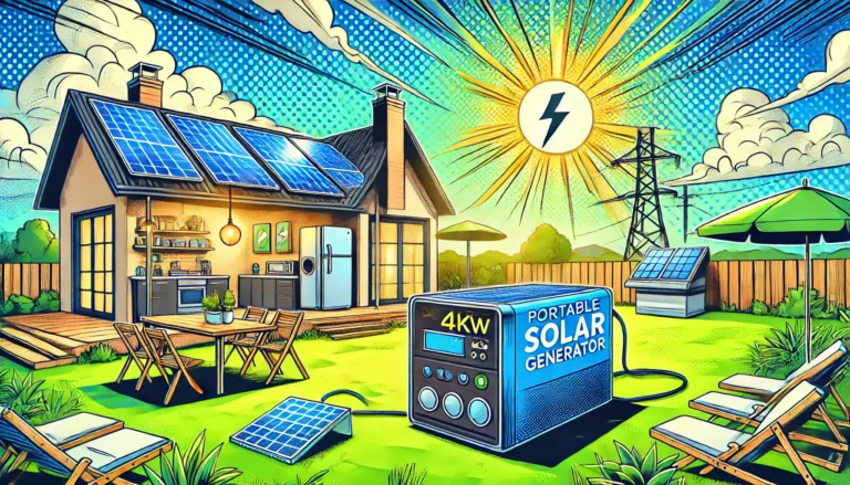 A 4kW portable solar generator connected to solar panels in a sunny backyard, powering a refrigerator and lights with a laptop nearby, showcasing its eco-friendly and versatile design.