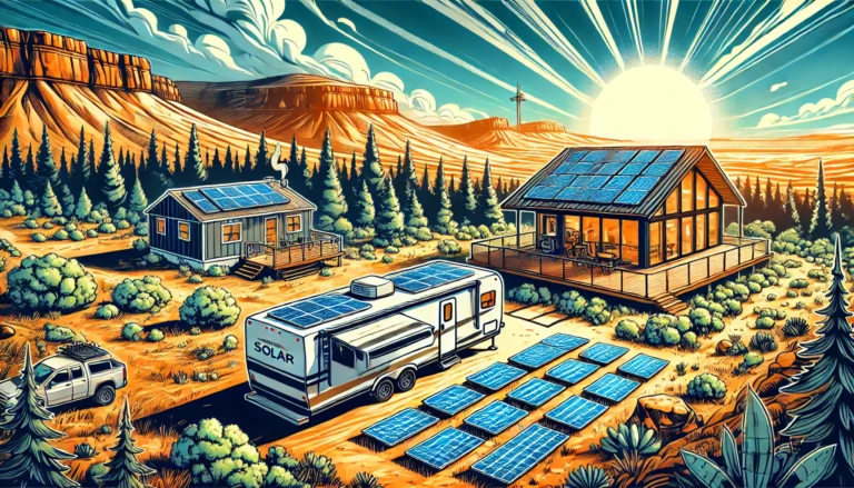 A scenic American landscape showcasing an off-grid solar setup: an RV in a desert with rooftop solar panels, a cabin in a forest with standalone solar panels, and a tiny home with solar panels on its roof under a bright blue sky, representing energy independence and sustainability.