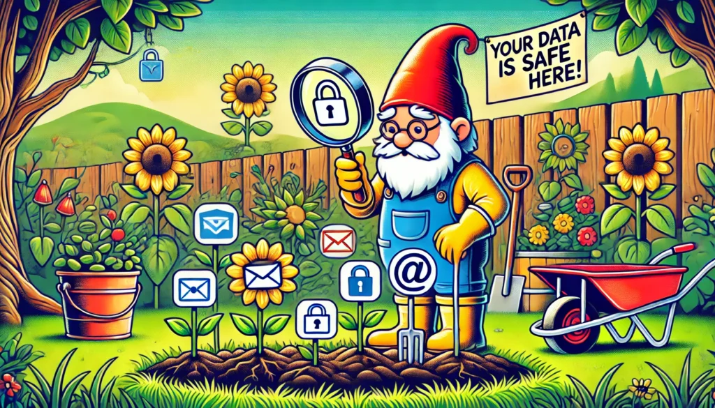 A cartoon-style garden gnome in a vibrant backyard garden, holding a magnifying glass over icons of a lock, email, and shield sprouting from the soil, symbolizing data protection with a light-hearted touch