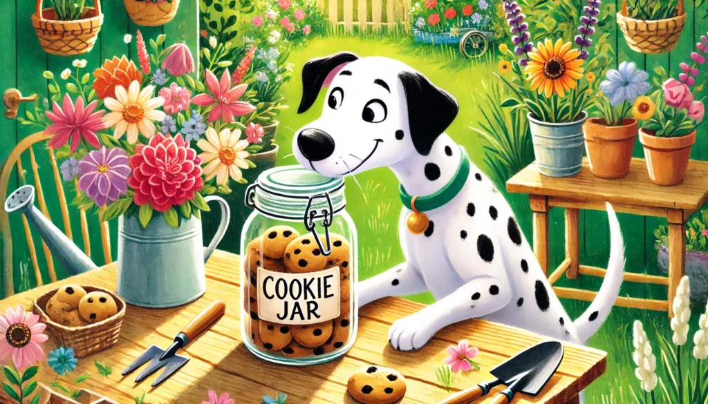 Dalmatian Sniffing a Cookie Jar in a Sunny Garden