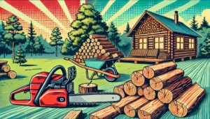 A vibrant 80's pop comic style illustration of essential firewood tools, including a chainsaw, splitting maul, and wheelbarrow with logs, set against a lush forest background with a cozy cabin in the distance.