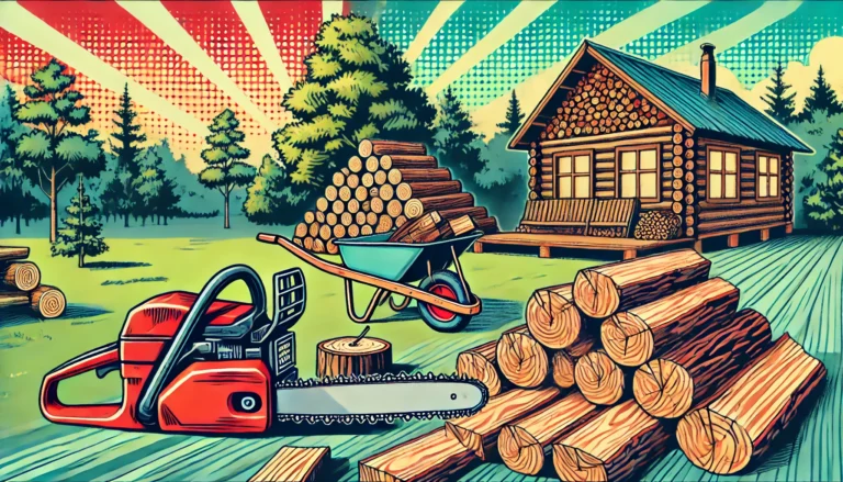 A vibrant 80's pop comic style illustration of essential firewood tools, including a chainsaw, splitting maul, and wheelbarrow with logs, set against a lush forest background with a cozy cabin in the distance.