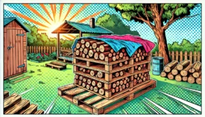 An 80s pop comic-style illustration of a firewood pile stacked on a pallet, partially covered by a tarp, with a rustic garden and trees in the background under sun rays.