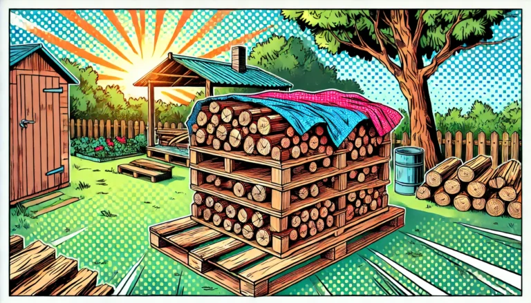 An 80s pop comic-style illustration of a firewood pile stacked on a pallet, partially covered by a tarp, with a rustic garden and trees in the background under sun rays.