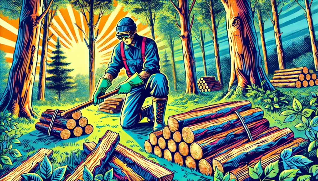 A comic-style image of a person wearing gloves, goggles, and sturdy boots while collecting firewood in a wooded area, emphasizing safety and responsibility.