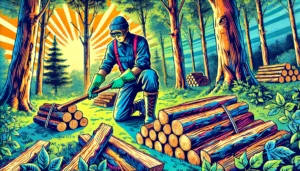 A comic-style image of a person wearing gloves, goggles, and sturdy boots while collecting firewood in a wooded area, emphasizing safety and responsibility.