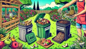 Three compost bins in a garden: a compact bin, an insulated bin, and a kitchen composter, with hands adding kitchen scraps to one bin. The bins are placed on green grass with a flower bed in the background, showcasing the composting process.