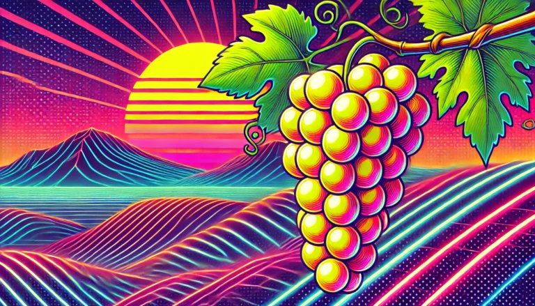 A bold 80s comic-style illustration of ripe, juicy seedless grapes hanging from a lush vine, set against a neon sunset landscape with rolling hills and a retro aesthetic.