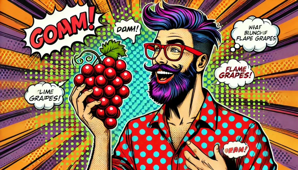 A vibrant pop art comic-style illustration of a hipster with a beard and glasses, joyfully holding a bunch of red Flame grapes against a bold halftone background.