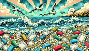 A vibrant 80s comic-style illustration of a polluted beach covered in Styrofoam debris. Waves carry broken pieces of Styrofoam into the ocean, while seagulls fly above, some interacting with the litter. The bold colors and halftone shading emphasize the environmental destruction caused by Styrofoam pollution.