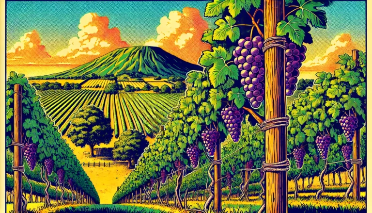 A vibrant 1980s comic-style illustration of a thriving UK vineyard with lush, seedless grapevines growing under a golden sky. Rows of vines stretch across the countryside, supported by rustic wooden trellises, with plump, ripe grapes hanging from the vines. The bold colors, strong outlines, and halftone shading capture a retro comic book aesthetic.