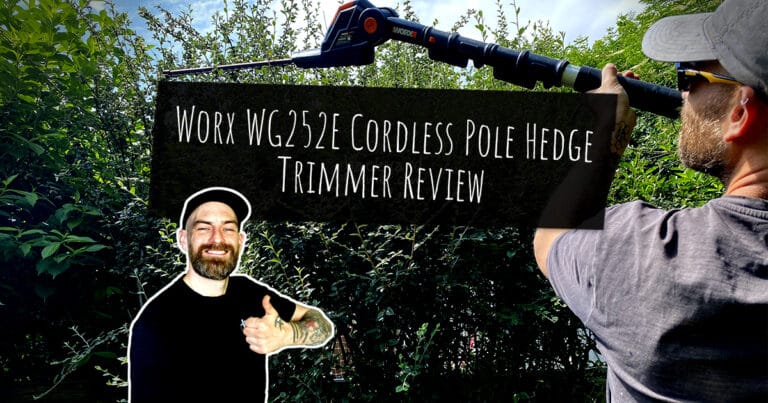 Man trimming tall hedge with Worx WG252E cordless pole trimmer while holding a review sign in garden setting