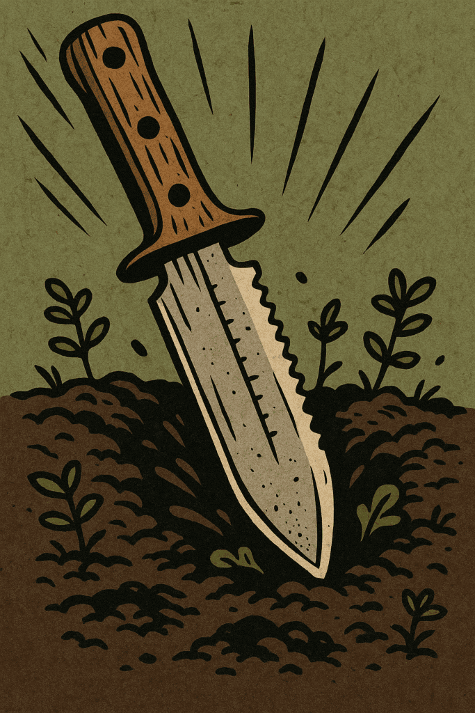 Illustrated Hori Hori knife embedded in soil with anime-style motion lines, surrounded by small plants and textured earth, in a bold, earthy folk-art style.