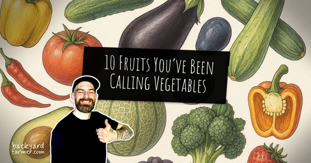 Botanical illustration of 10 fruits often mistaken for vegetables, arranged behind a thinking man, with the title '10 Fruits You’ve Been Calling Vegetables