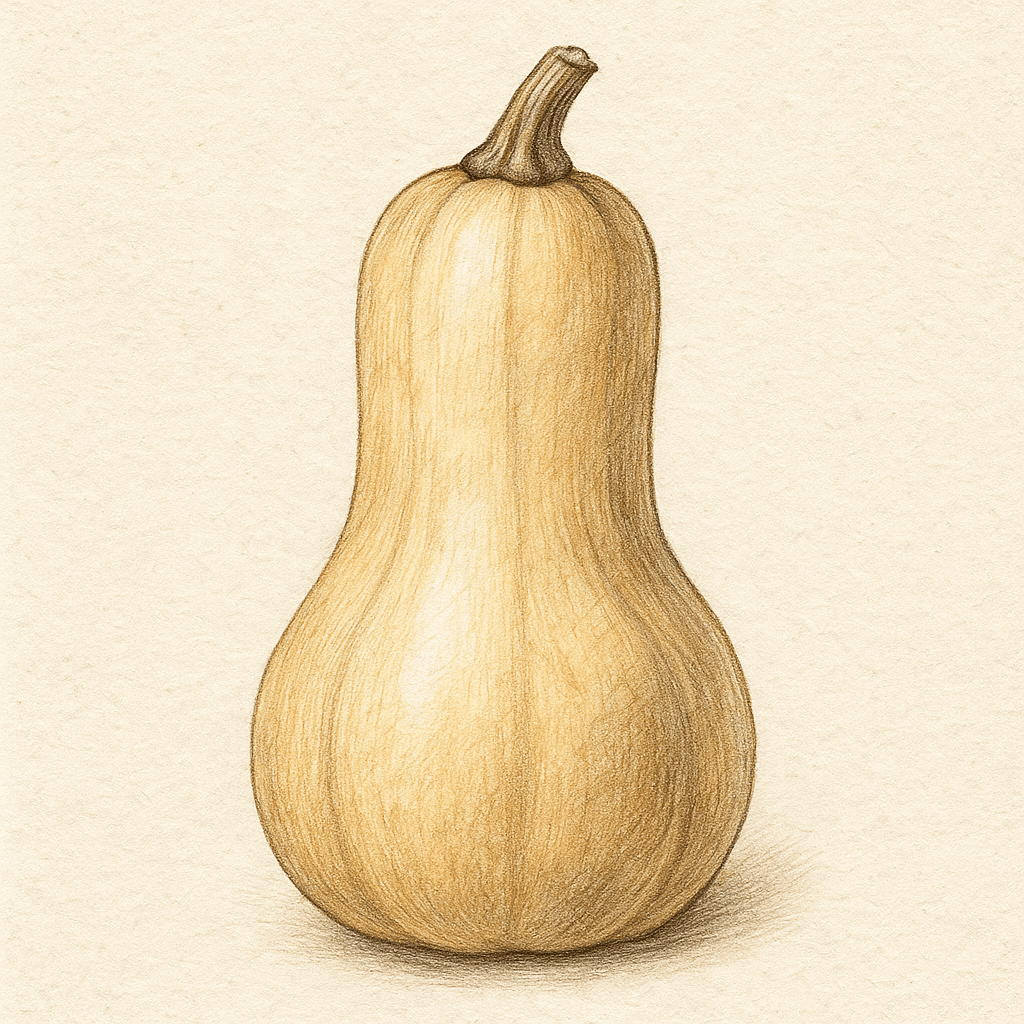 Colored pencil illustration of a butternut squash with smooth skin and curved neck